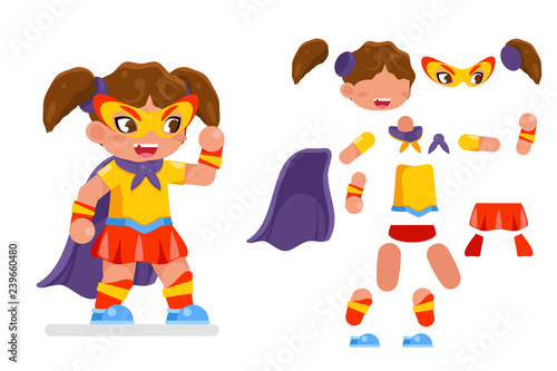 Cute girl super power hero teen woman action RPG game character layered animation ready vector illustration