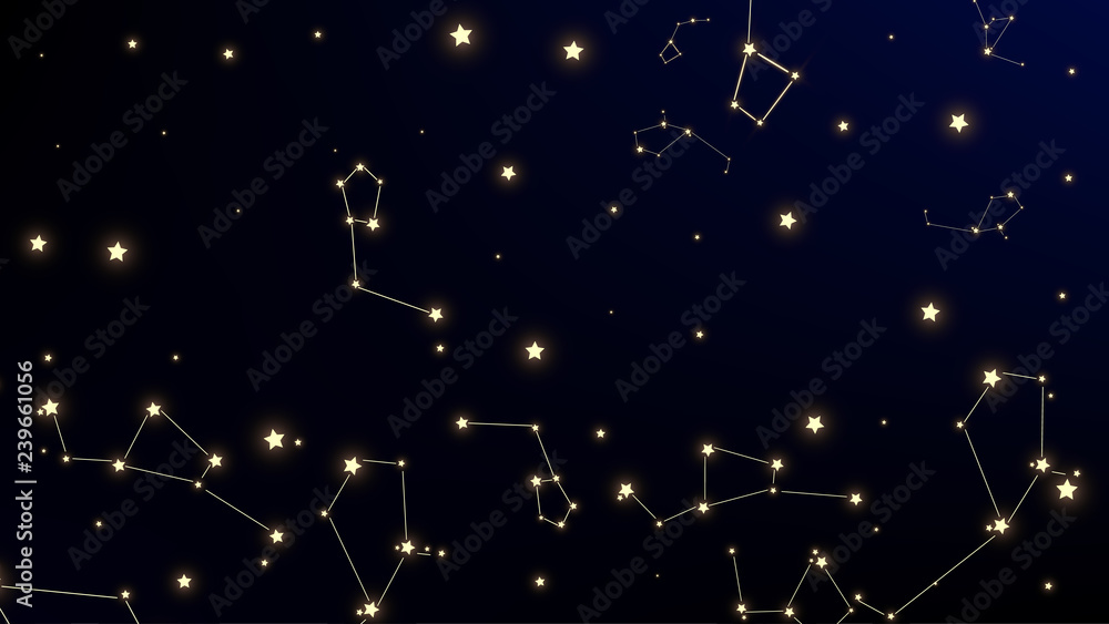 Constellation Map. Mystic Cosmic Sky with Many Stars. Astronomical Print. Night Galaxy Pattern. Vector Stars Background.