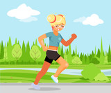 Run outdoor park nature cute female girl running health care cartoon character design vector illustration