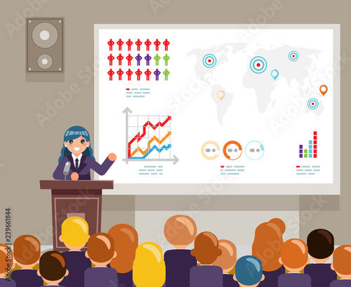 Tribune speech speaking large audiences global issues climate change crowd female character world campaigning human rights flat design vector illustration
