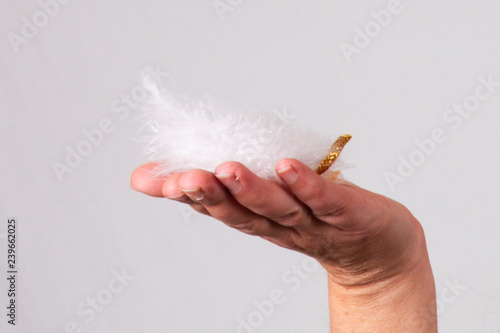 Mano de mujer con una pluma blanca en la palma  photo