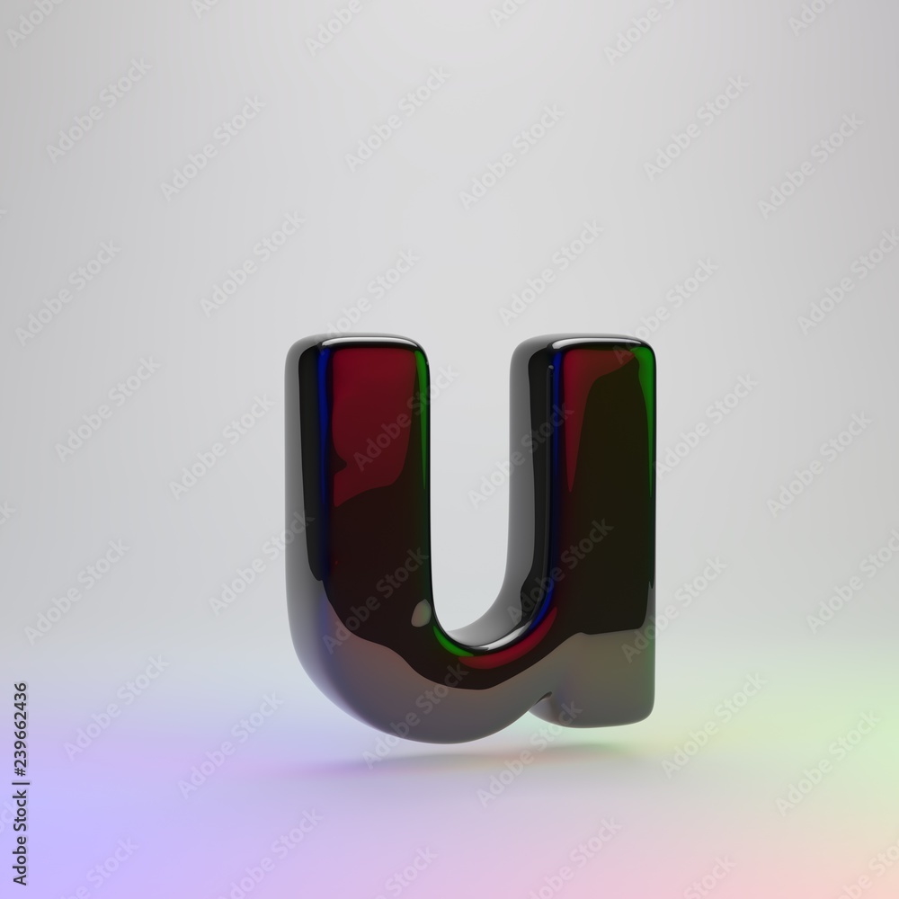 3d letter U lowercase. Black font with red, green and blue lights reflection 3d letter U lowercase. Black font with red, green and blue lights reflection