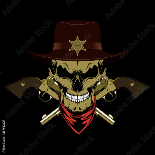Skull sheriff in hat with revolvers on black background.
