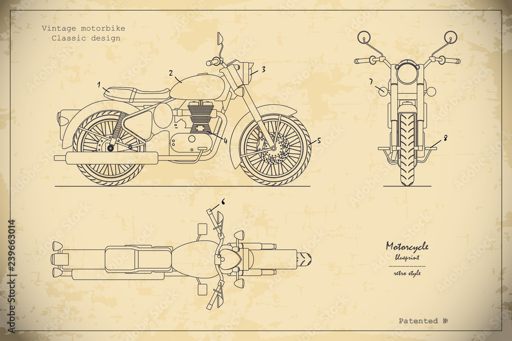 Blueprint of retro classic motorcycle in outline style. Side, top and front view. Industrial drawing of vintage motorbike