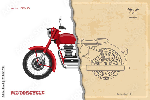 Blueprint of retro classic motorcycle in outline style. Side view. Industrial drawing of vintage motorbike. Vector illustration
