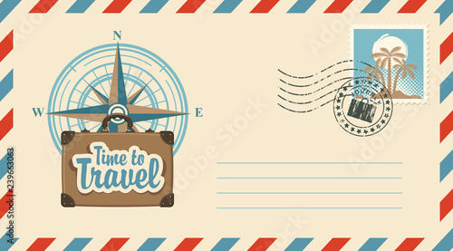 Postal envelope with postage stamp and postmark in retro style. Illustration on the theme of travel with the vintage suitcase on the background of the compass Wind rose, the inscription Time to travel