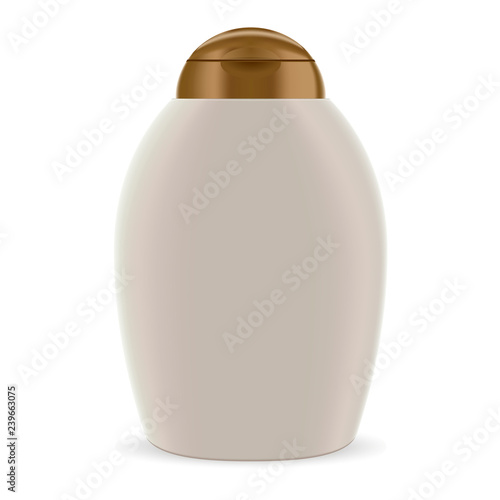 Hair Shampoo Cosmetic Oval Bottle Package Mockup. Round White Plastic Container with Cap for Protection Lotion, Moisturizer, Soap, Foam. Advertising Packaging Illustration. 3d Realistic Jar.