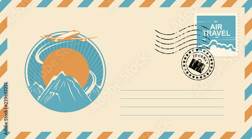 Postal envelope with postage stamp and postmark in retro style. Illustration on the theme of travel with an airplane in the sky flying over the mountains at sunset. Air travel