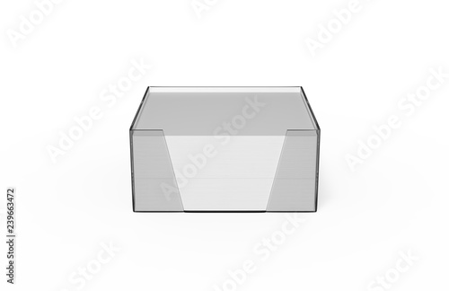 Blank white note paper cube plastic holder mock-up on isolated white background, 3d illustration