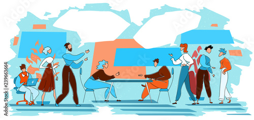 Businessmen debating, comparing two ideas, things or strategies. Communication, discussion and comparison concept.  Hand drawn illustration with speech bubbles