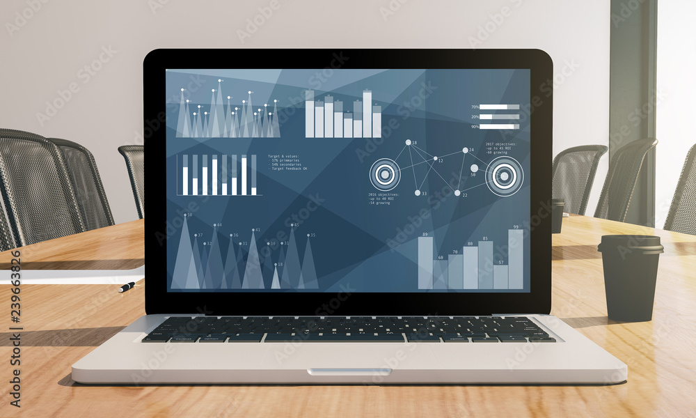 financial business screen laptop on conference room mockup financial business screen laptop on conference room mockup