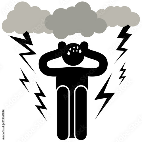 Astraphobia. Astrapophobia. Brontophobia. Keraunophobia. Tonitrophobia. Fear of thunder and lightning. Man Plugs His Ears With His Hands. Afraided man. Logo, icon, silhouette, sticker, sign. Phobia.