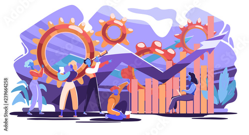 Startup data analytics. Diverse group of people working on a new project. Data visualization technology and marketing concept. Vector Illustration