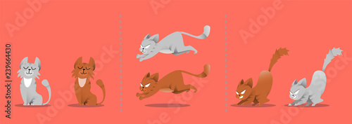 Set of cat poses. Kitten plays, jumps on a smart vacuum cleaner. Vector collection set of different gray and red cats. Isolated animals for web design