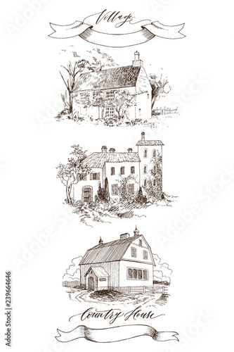Set of Rural landscape with old farmhouse and garden. Hand drawn illustration in vintage style. Retro tape with an inscription Country house and Village. Vector design