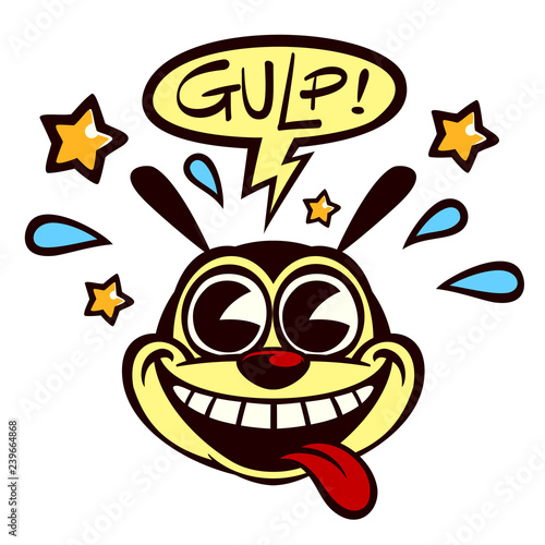 Vintage Toons: 30s style retro pie-eyed cartoon cheerful character smiling with tongue out and speech bubble saying gulp! vector illustration