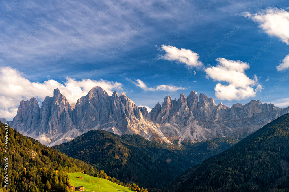 Geisler or Odle Dolomites Group. Colorful autumn scene of Dolomite Alps, Italy, Europe.