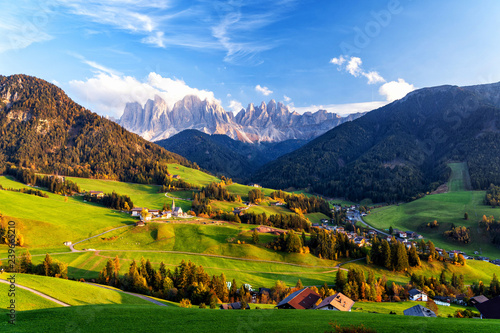 Santa Maddalena village with magical Dolomites mountains in background, Val di Funes valley, Trentino Alto Adige region, Italy, Europe. Sunset view of dramatic Italian Dolomites landscape.