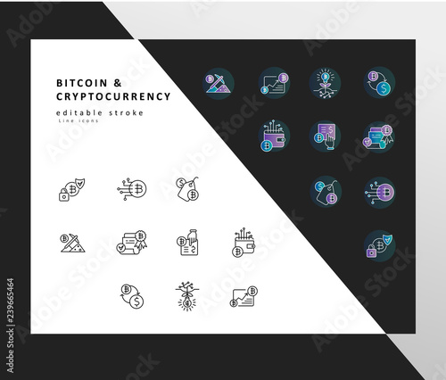 Vector icon and logo bitcoin and cryptocurrency. Editable outline stroke size. Line flat contour, thin and linear design. Simple icons. Concept illustration. Sign, symbol, element.
