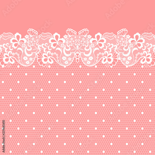 Seamless lace border. Vector illustration. White lacy vintage elegant trim. Invitation card.