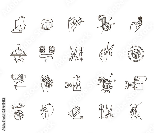 Vector icon and logo sewing and handmade. Editable outline stroke size. Line flat contour, thin and linear design. Simple icons. Concept illustration. Sign, symbol, element.
