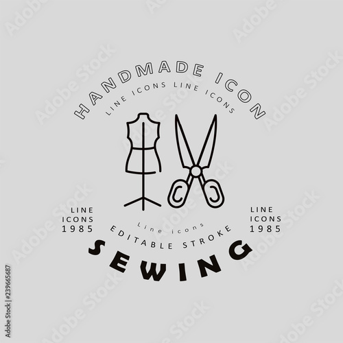 Vector icon and logo sewing and handmade. Editable outline stroke size. Line flat contour, thin and linear design. Simple icons. Concept illustration. Sign, symbol, element.
