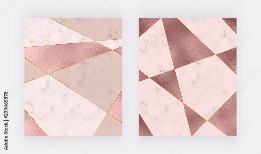Fototapeta Marble geometric design with pink and rose gold triangular foil texture, golden polygonal lines. Modern background for wedding invitation, banner, card, flyer, poster, save the date