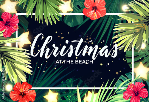 Tropical Christmas on the beach design with monstera palm leaves, hibiscus flowers, gold glowing stars and light bulbs, vector illustration.