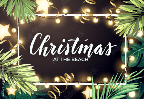 Tropical Christmas on the beach design with monstera palm leaves gold glowing stars and light bulb garlands, vector illustration.