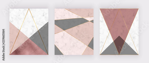 Marble geometric design with pink and grey triangular, rose gold foil texture, polygonal lines. Modern background for wedding invitation, banner, card, flyer, poster, save the date