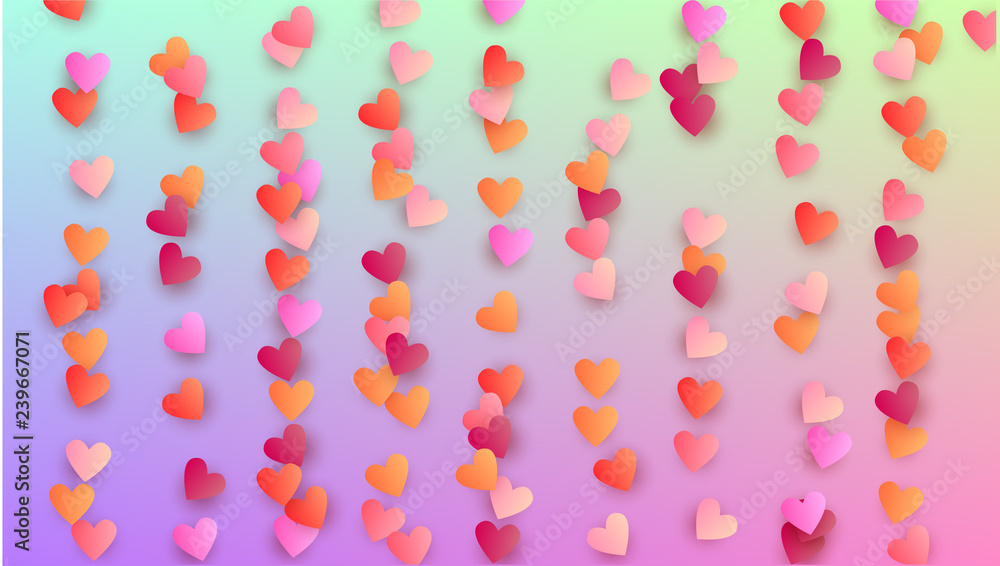 Valentine's Day Background. Heart Confetti Pattern. Poster Template. Many Random Falling Purple Hearts on Hologram Backdrop. Vector Valentine's Day Background.