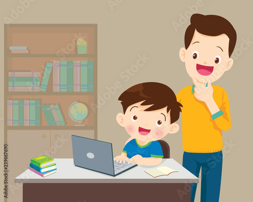 Dad be happy for something of children boy with laptop