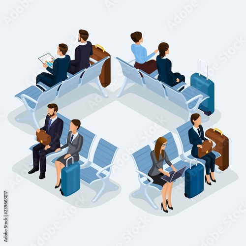Trendy People Isometric vector 3D teenager, a young girl in a leather jacket, leather pants, stylish clothes, cool girl, traveler, vacation, airport, baggage, phone internet social networks