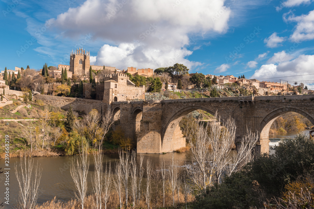 Obraz premium Toledo Medieval San Martin bridge, and cityscape, Toledo, Castilla la Mancha, Spain.
