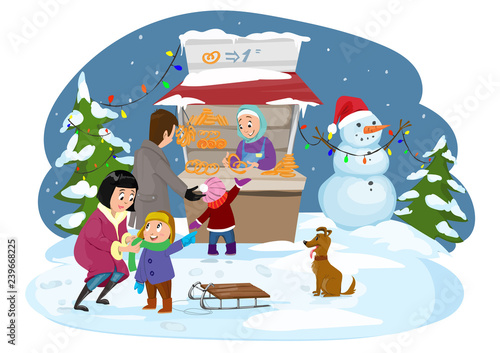 Merry Christmas happy family Vector. Joyful boy playing outdoors with his mot...