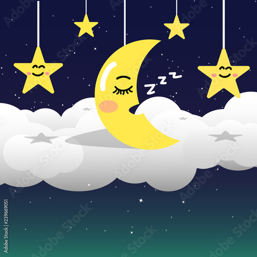 Moon in night sky with stars on space and galaxy background, good night, sweet dream sleeping concept using for kids vector illustration, flat design astronomy