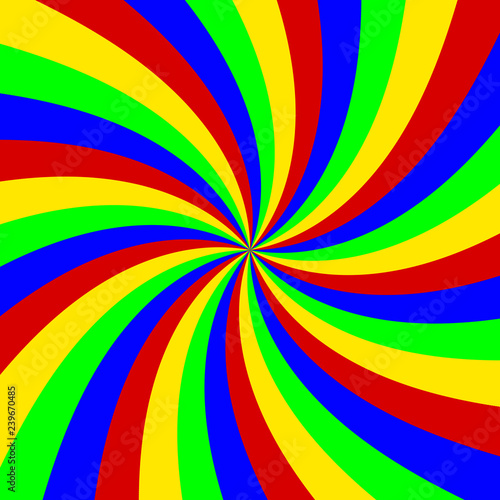 A rainbow pinwheel illustration, bended twisted rays (red, blue, green, yellow). Clean style. © Grenar