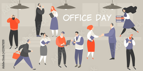 Vector illustration of office day with busy people performing their work duties.
