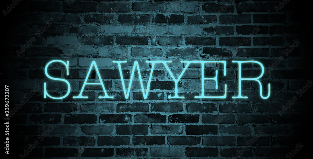 first name Sawyer in blue neon on brick wall first name Sawyer in blue neon on brick wall