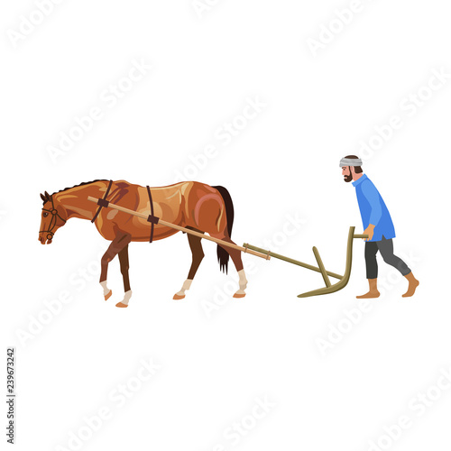 Farmer plowing field with horse