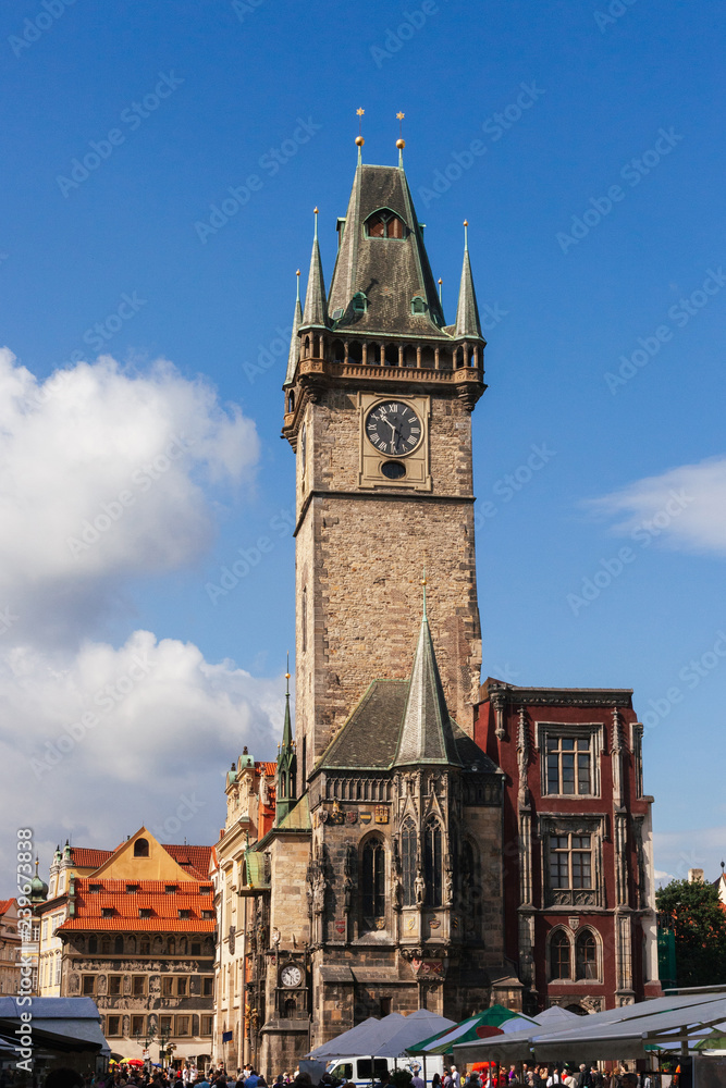 View of the clock tower of the old town hall in Prague. The Prague Astronomical Clock or Prague Orloj is located here. This is a medieval clock first established in 1410. CZECH REPUBLIC 2012