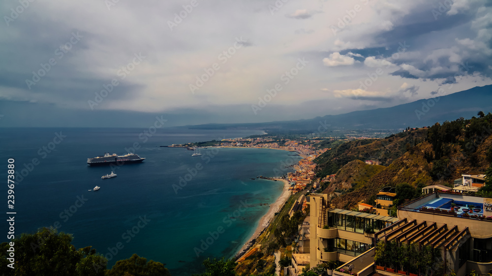 Obraz premium Aerial view to Taormina bay, Sicily Italy
