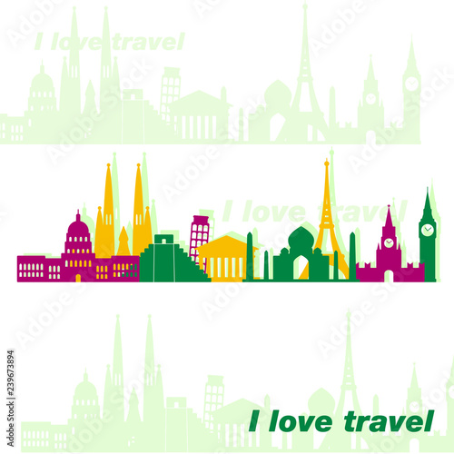 Poster with images of world monuments. Icons of most popular sights