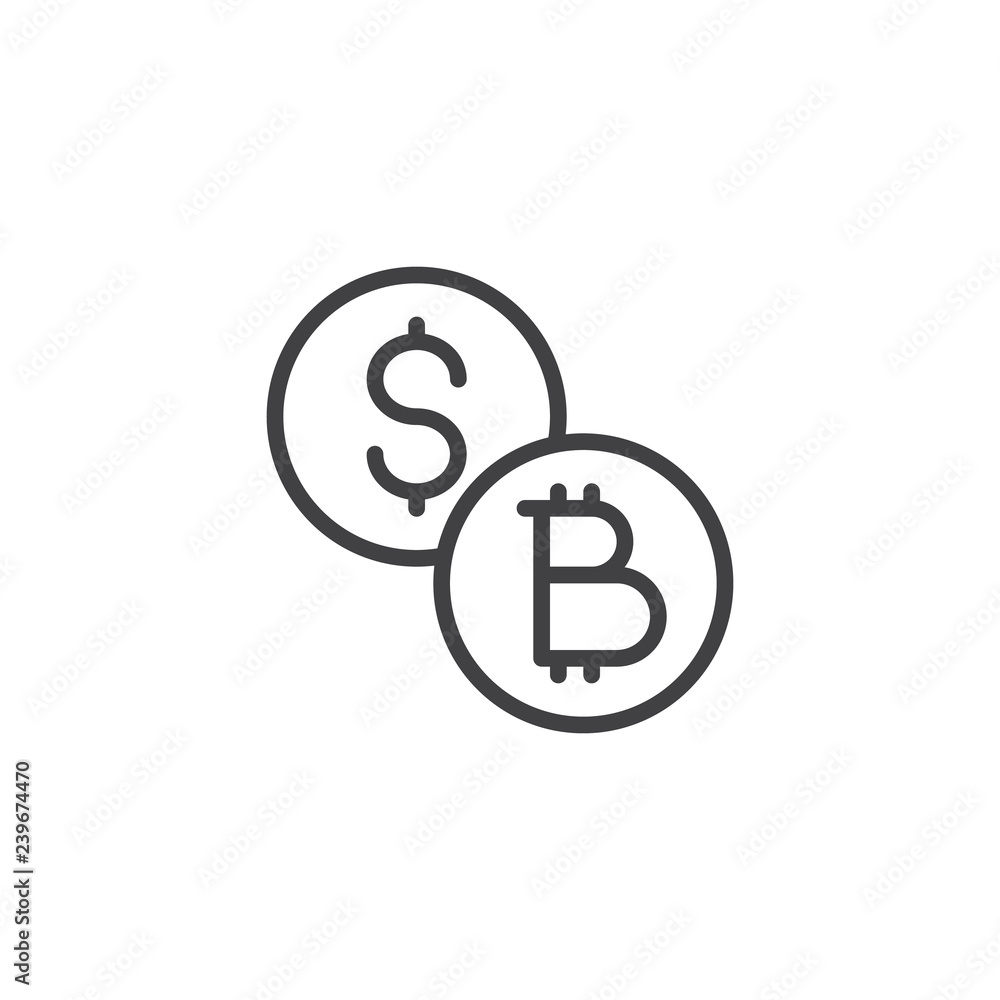 Dollar and bitcoin coins outline icon. linear style sign for mobile concept and web design. Bitcoin and dollar money exchange simple line vector icon. Symbol, logo illustration. Pixel perfect vector Dollar and bitcoin coins outline icon. linear style sign for mobile concept and web design. Bitcoin and dollar money exchange simple line vector icon. Symbol, logo illustration. Pixel perfect vector