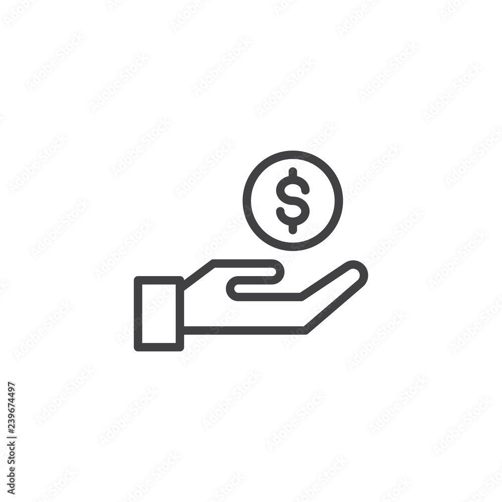 Hand with coin outline icon. linear style sign for mobile concept and web design. Give Dollar Money simple line vector icon. Symbol, logo illustration. Pixel perfect vector graphics Hand with coin outline icon. linear style sign for mobile concept and web design. Give Dollar Money simple line vector icon. Symbol, logo illustration. Pixel perfect vector graphics