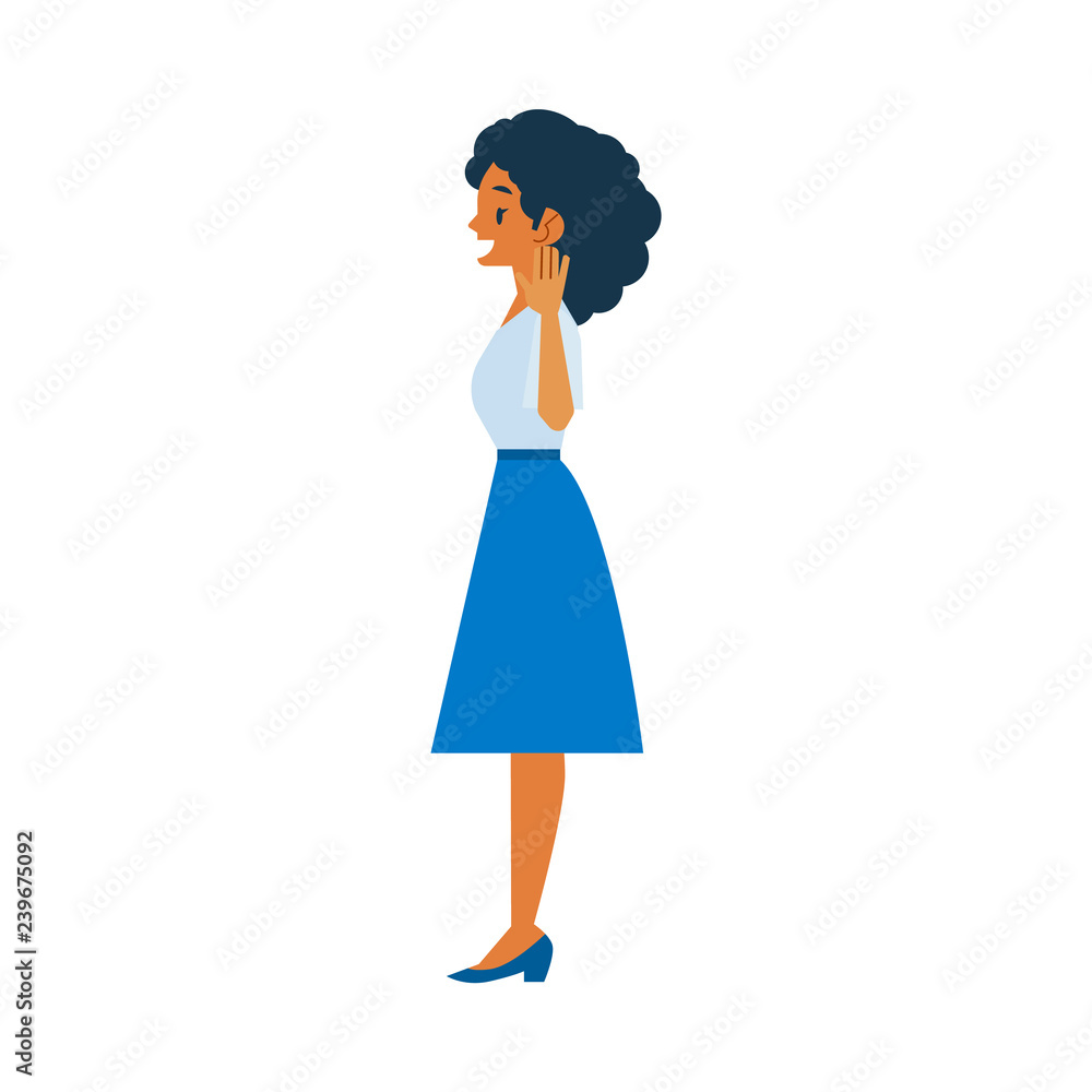 Cheerful young woman in blue skirt waving hand standing. Smiling cute female character with greeting gesture saying hello to colleagues, friends or relatives. Vector isolated illustration Cheerful young woman in blue skirt waving hand standing. Smiling cute female character with greeting gesture saying hello to colleagues, friends or relatives. Vector isolated illustration