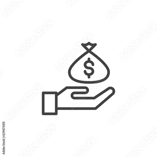 Hand holding a money sack outline icon. linear style sign for mobile concept and web design. Money bag on hand simple line vector icon. Symbol, logo illustration. Pixel perfect vector graphics