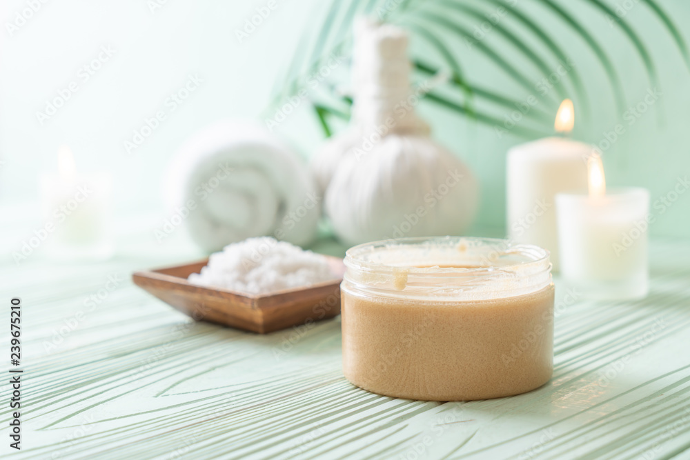 Spa treatments set on wooden background Spa treatments set on wooden background