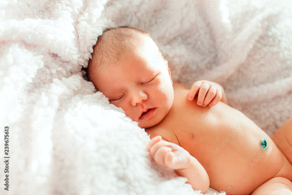 Newborn baby sleeping on white background in backlight Newborn baby sleeping on white background in backlight
