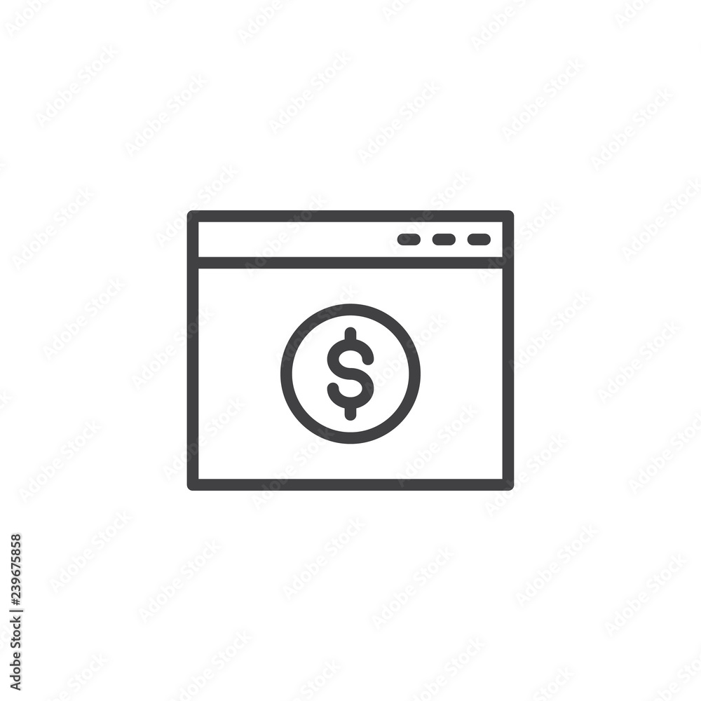 Online banking outline icon. linear style sign for mobile concept and web design. Browser window with dollar sign simple line vector icon. Symbol, logo illustration. Pixel perfect vector graphics Online banking outline icon. linear style sign for mobile concept and web design. Browser window with dollar sign simple line vector icon. Symbol, logo illustration. Pixel perfect vector graphics
